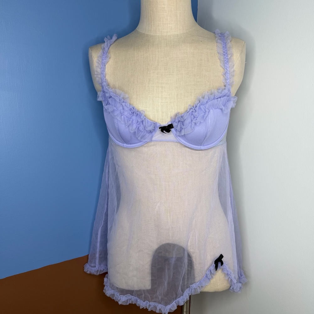 Victoria's Secret babydoll lingerie Sheer light purple mesh ruffle trim bow 36B